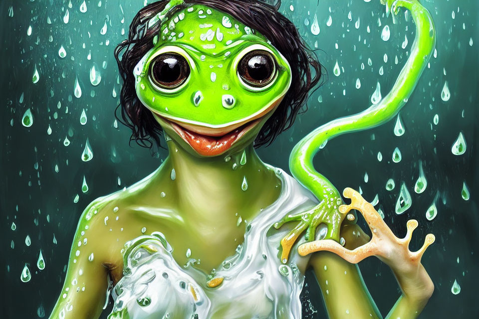 Person with Frog Head Smiling in Rainy Scene