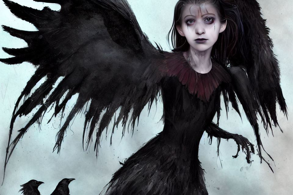 Dark fantasy art of young girl with raven wings and bird companion