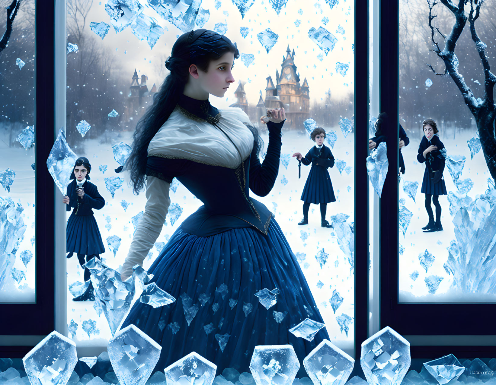 Victorian woman by window with crystals, snowy landscape & castle view