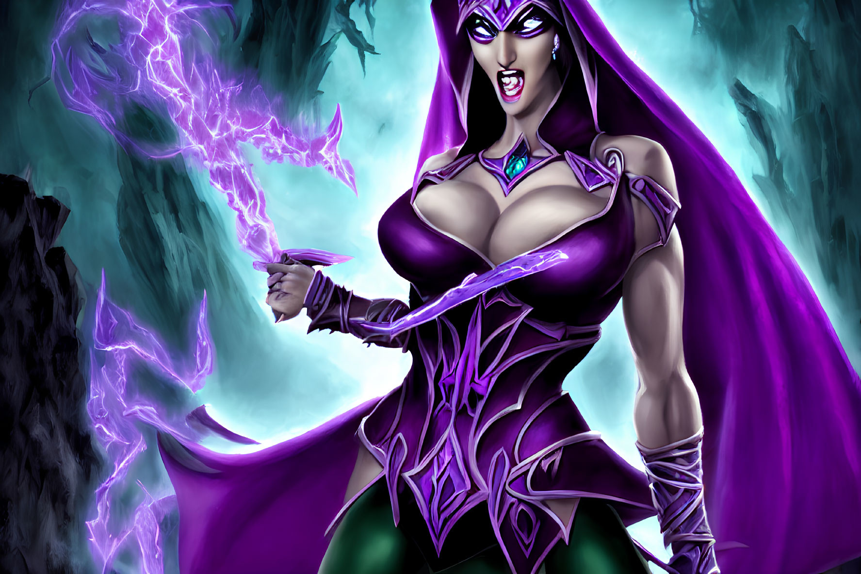 Purple-Attired Sorceress Harnessing Electricity in Mystical Terrain