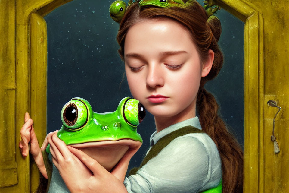 Girl holding green frog against yellow door background with eyes closed