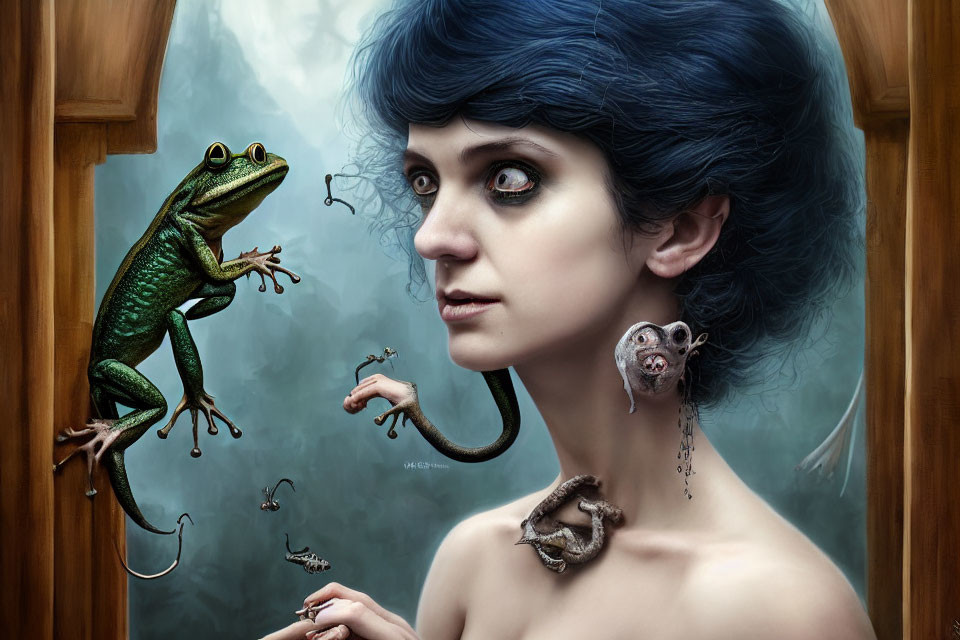 Blue-haired woman with frog on shoulder and lizards on neck and ear.