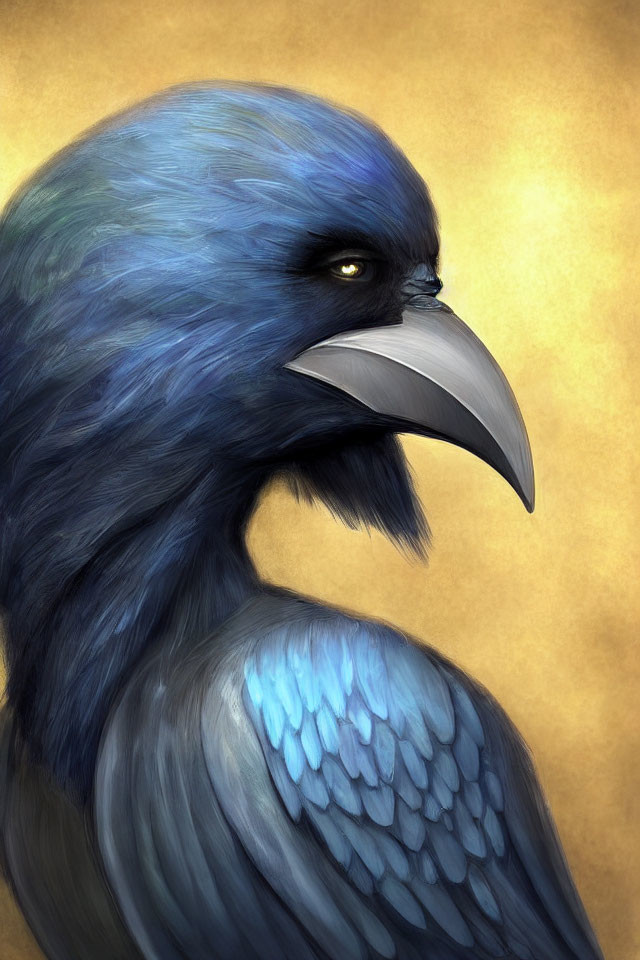 Detailed digitally painted portrait of a mystical raven with blue feathers on a golden background