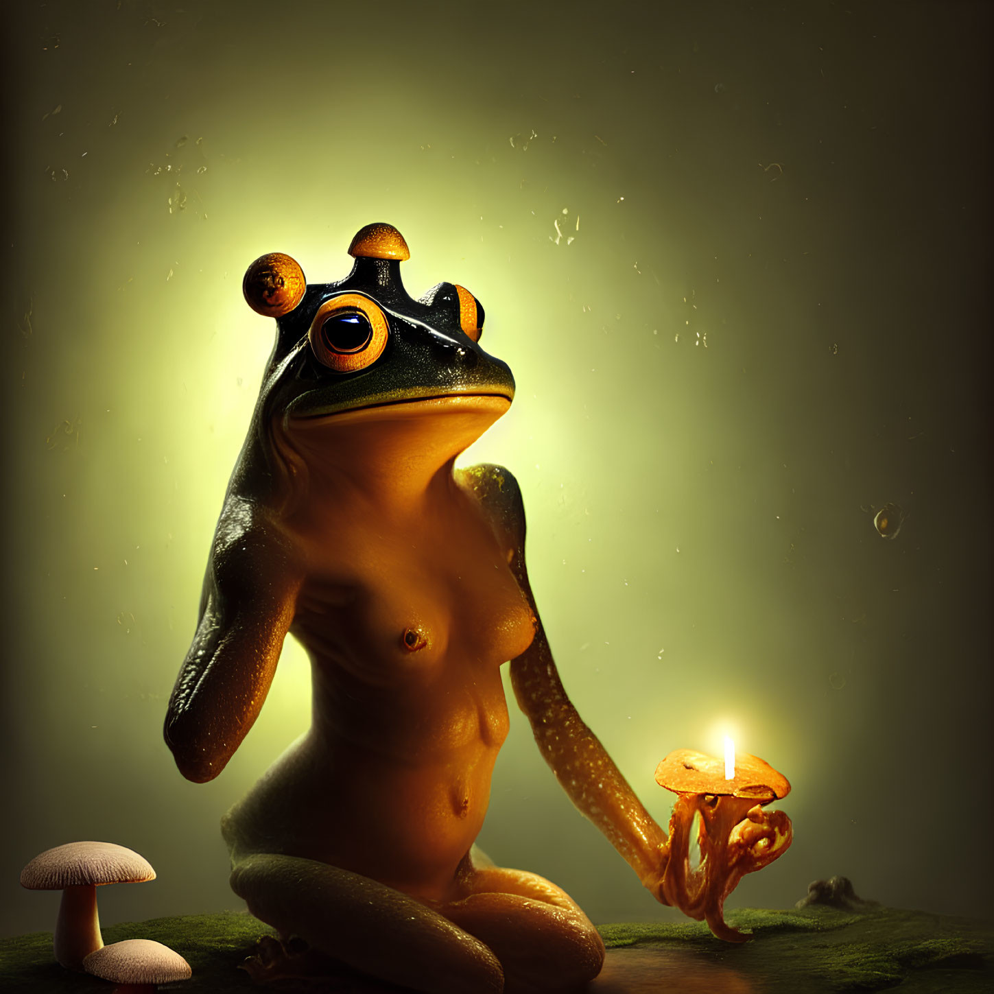 Digital artwork: Contemplative humanoid frog with glowing mushroom in misty forest