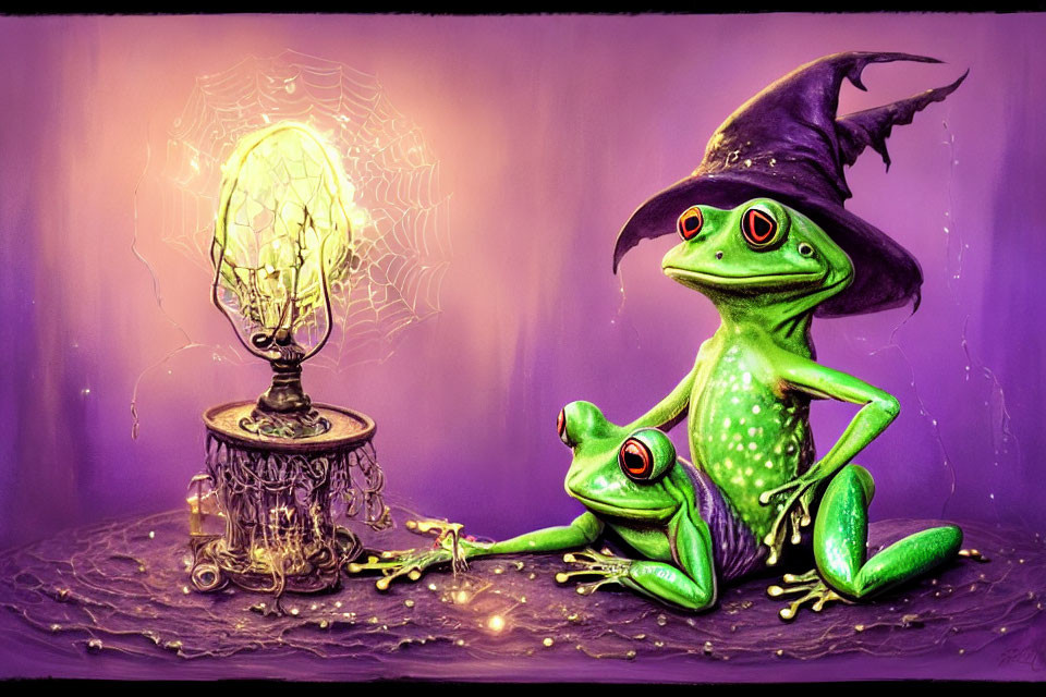 Cartoon frogs with witch's hat near glowing lamp in purple setting