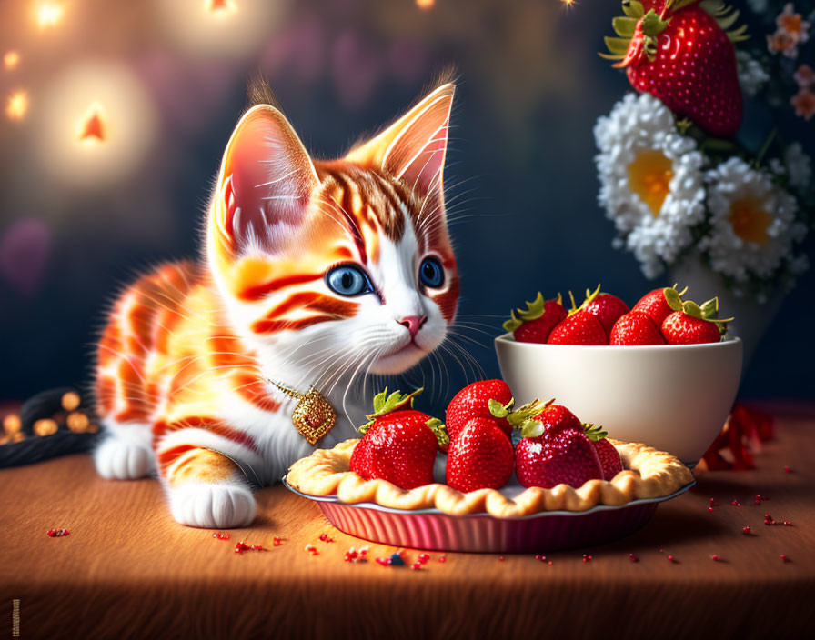 Orange Tabby Kitten with Locket Sniffing Strawberry Tart Among Flowers and Bokeh