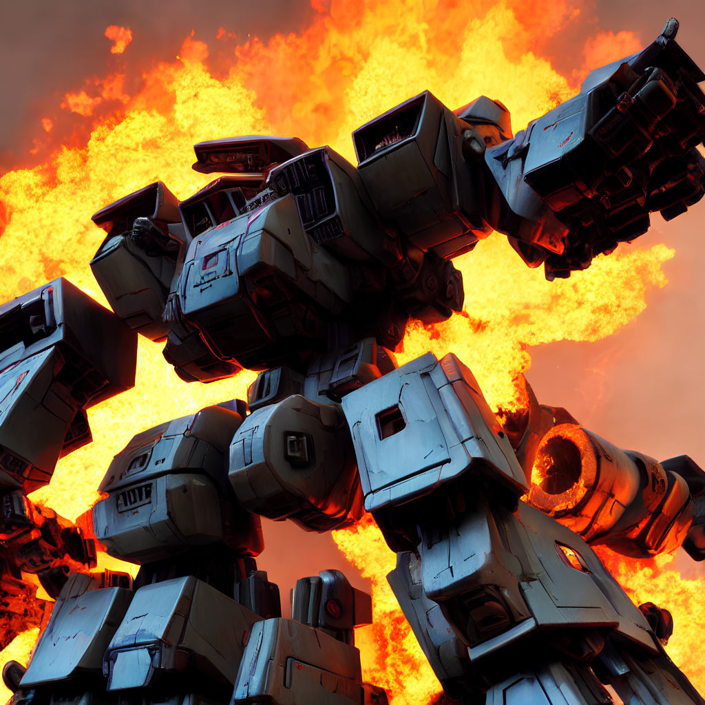 Menacing robotic mechs in fiery backdrop