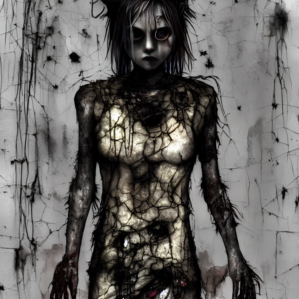 Female figure with zombie-like features in eerie setting