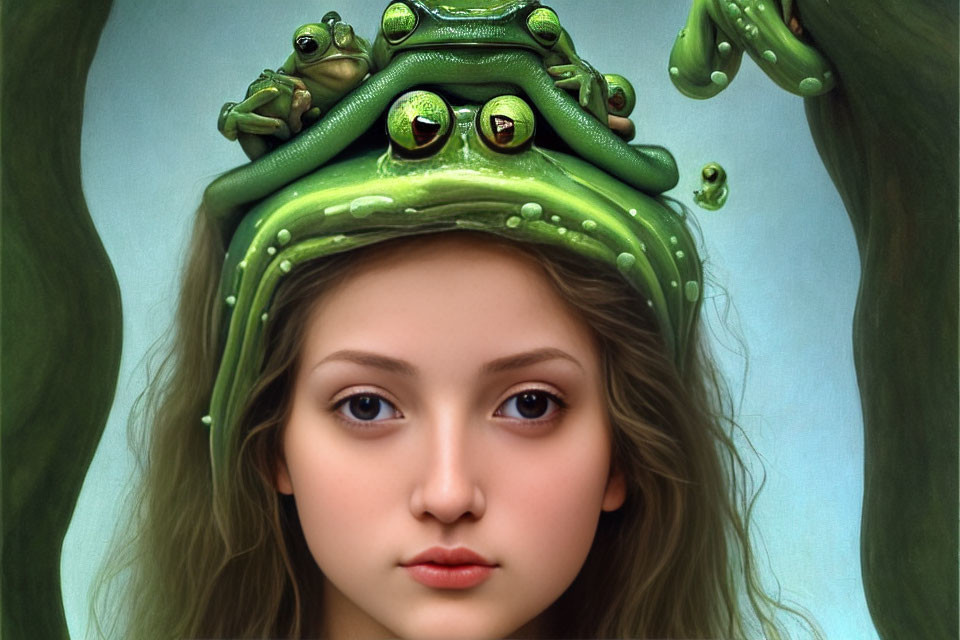 Surreal artwork of young woman with frog stack on head against green backdrop