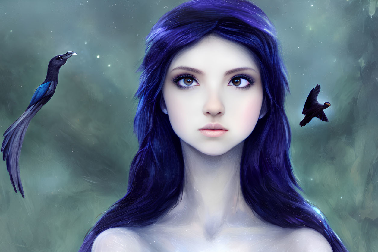 Digital Artwork: Girl with Purple Hair and Birds in Mystical Setting