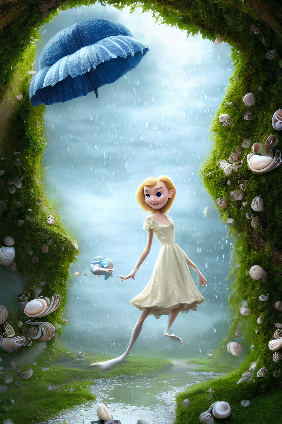 Young girl in yellow dress with blue umbrella in dreamlike shell-lined passage