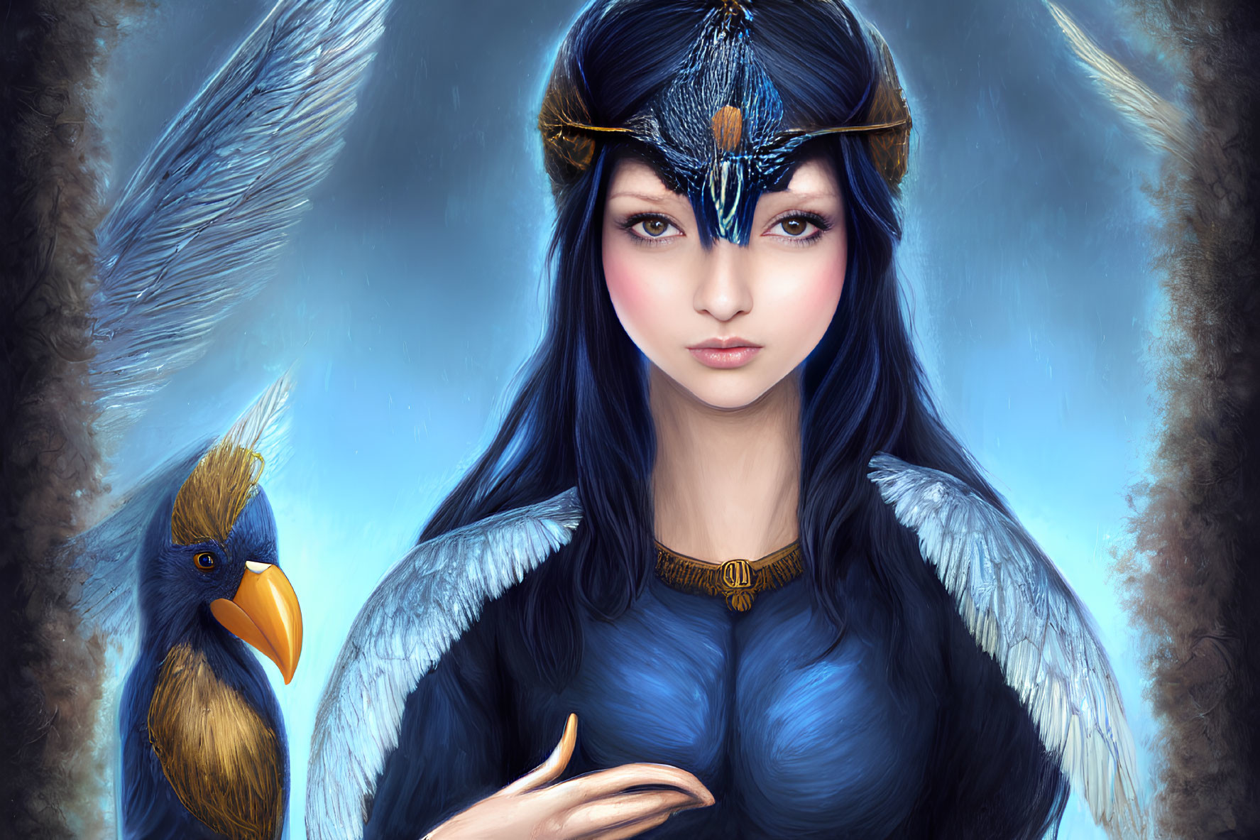 Fantasy digital artwork of woman with blue feathers and bird embodying avian theme