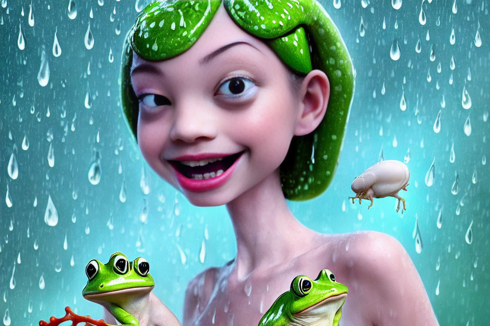 Colorful animated girl with green headwrap, frogs, snail, and raindrops.