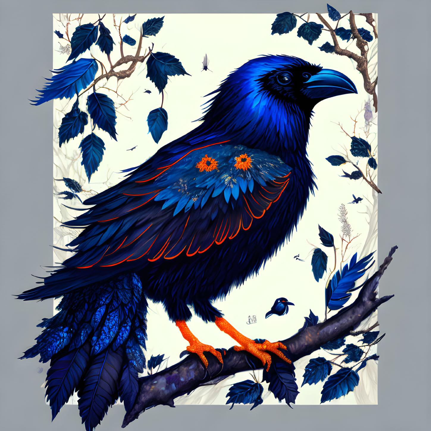 Colorful mythical raven perched on branch in vibrant illustration