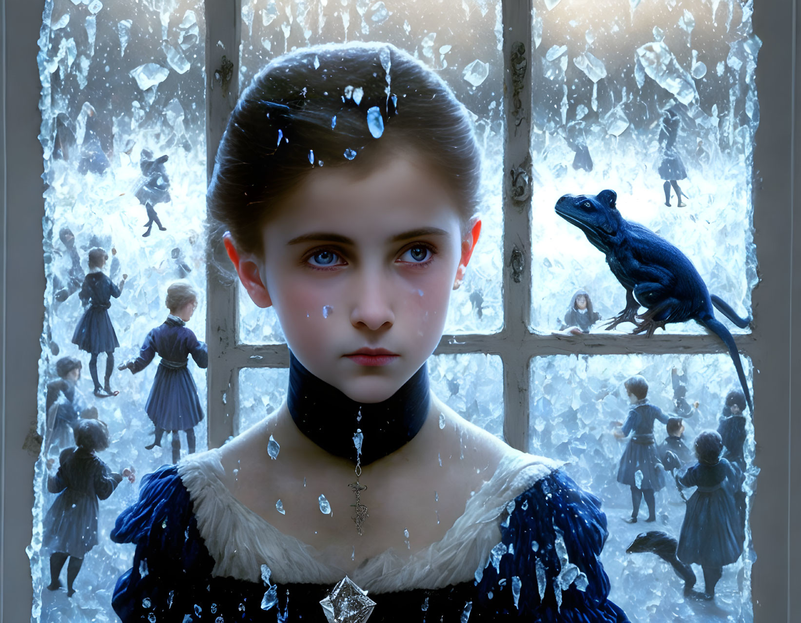 Young girl in blue dress with frog on shoulder looks out frosty window, kids play in snow.