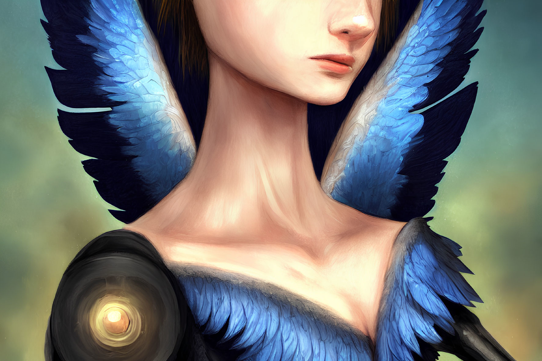 Person with Blue Feathered Wings Illustration: Bird-like Features and Intense Stare