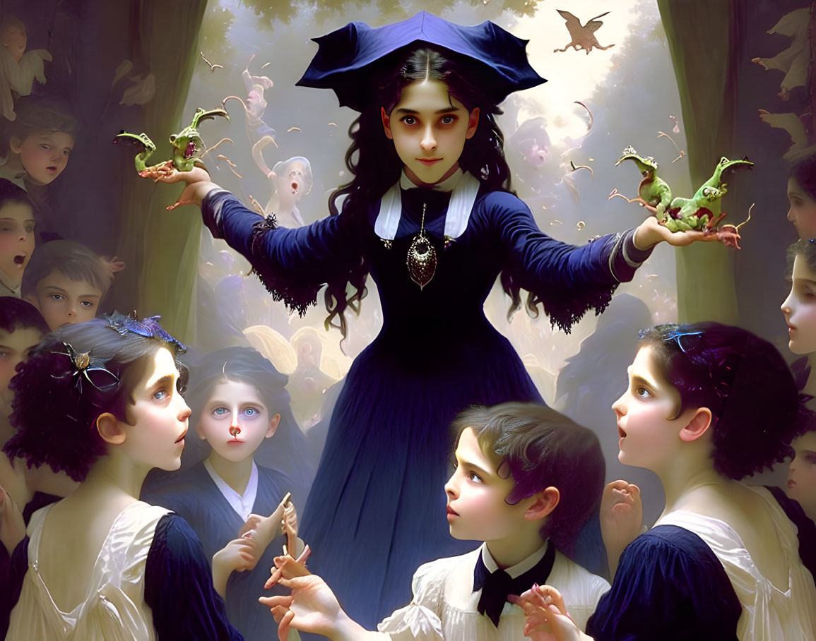 Victorian girl levitates frogs in mystical forest scene