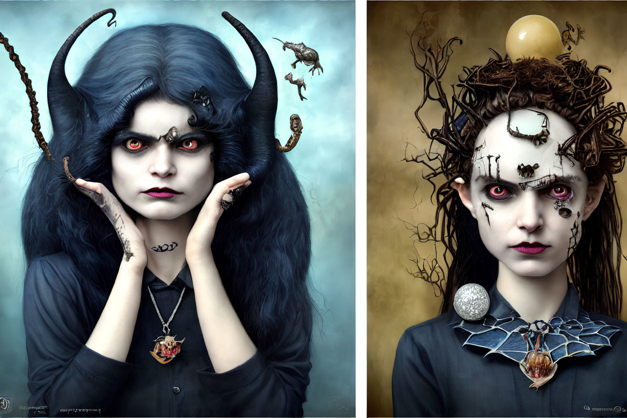 Gothic fantasy portraits of a woman with dark makeup and unique headgear.