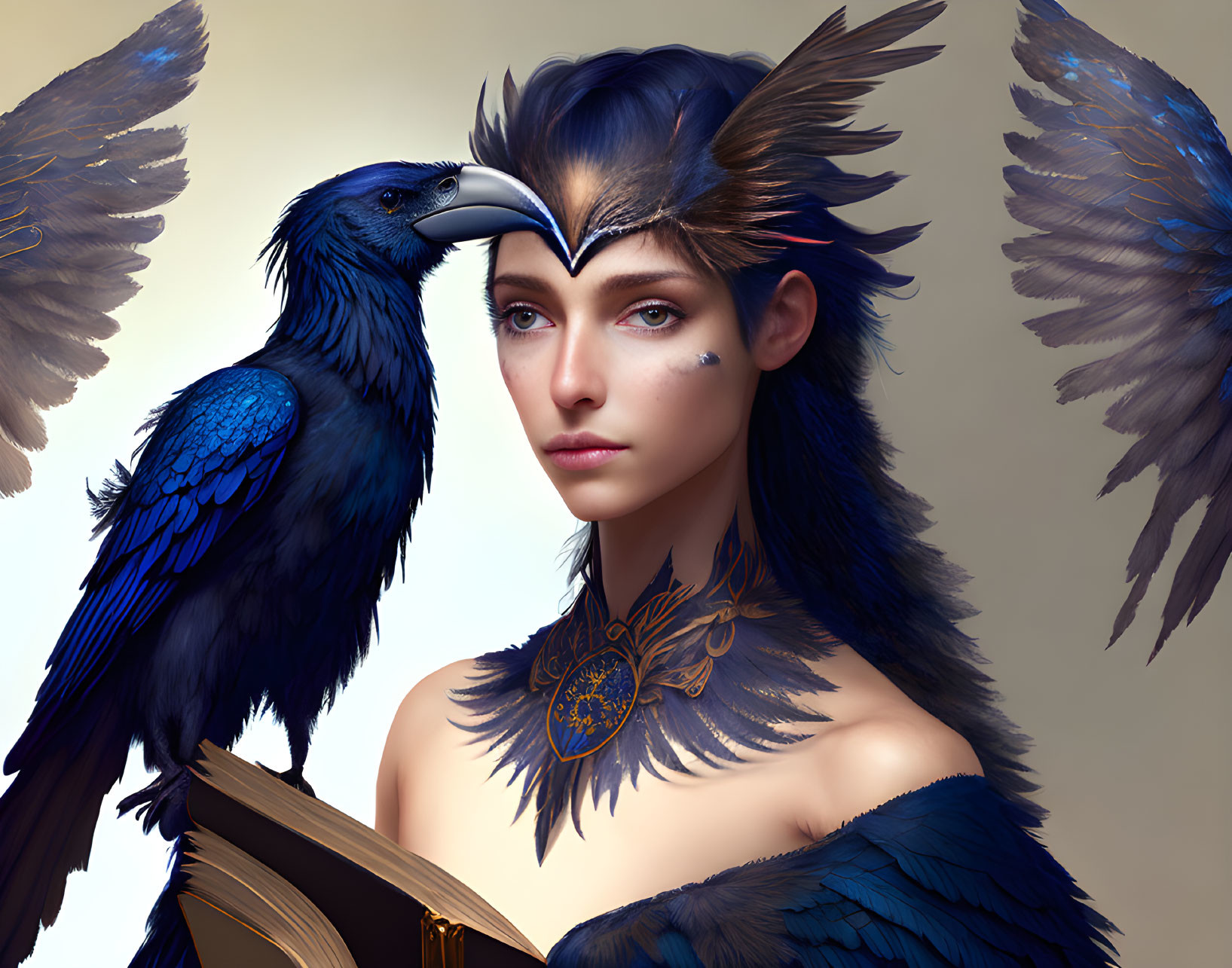 Digital Artwork: Woman with Raven-like Features and Live Raven