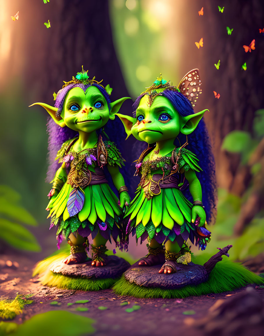 Whimsical green goblin-like creatures in magical forest glade