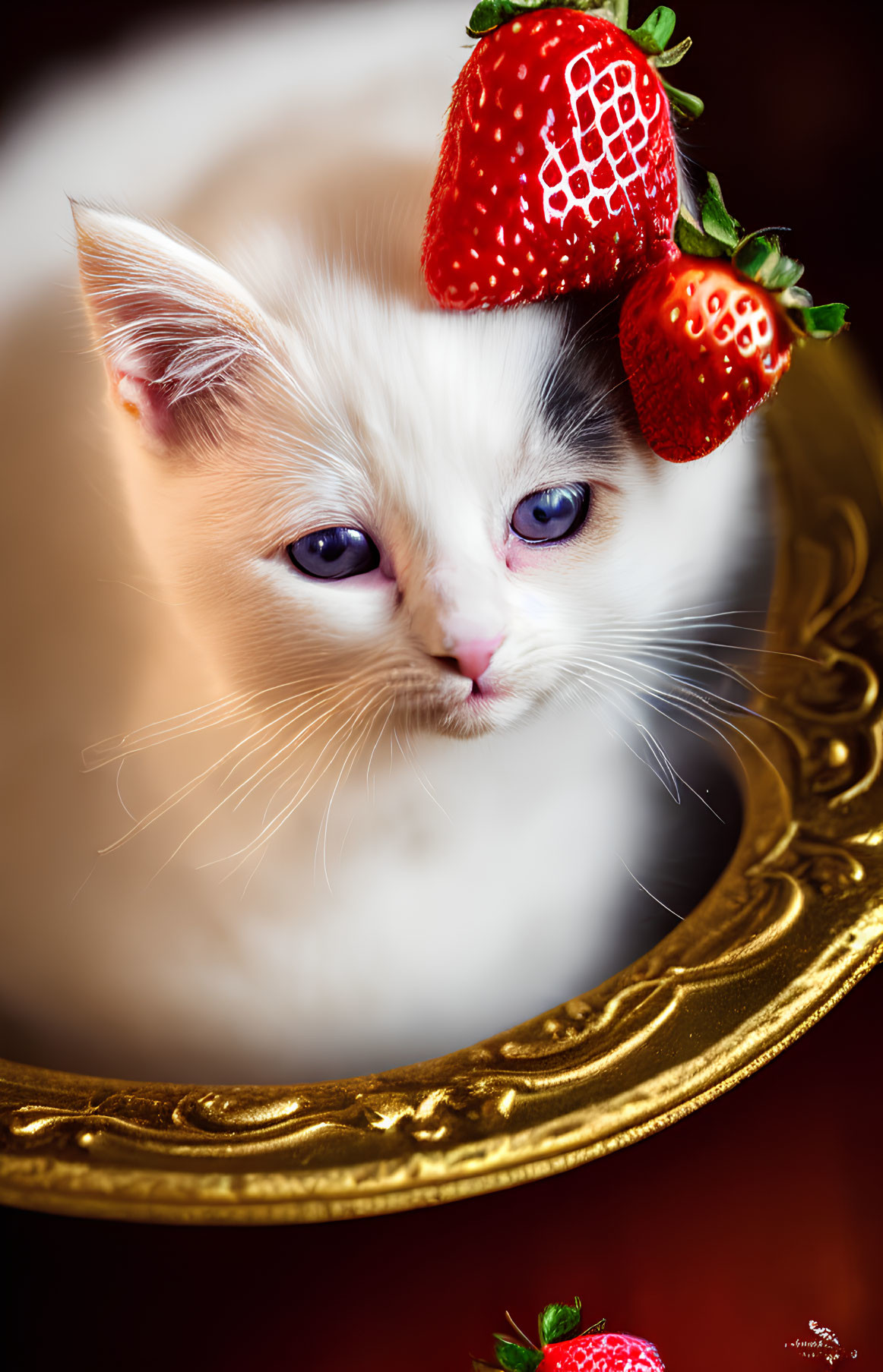 White kitten with heterochromia and blue-pink nose peeking over golden frame with strawberry on