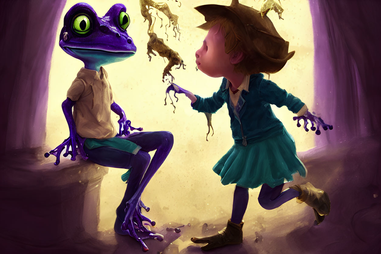 Illustration of girl in blue dress and hat with purple frog in surreal environment