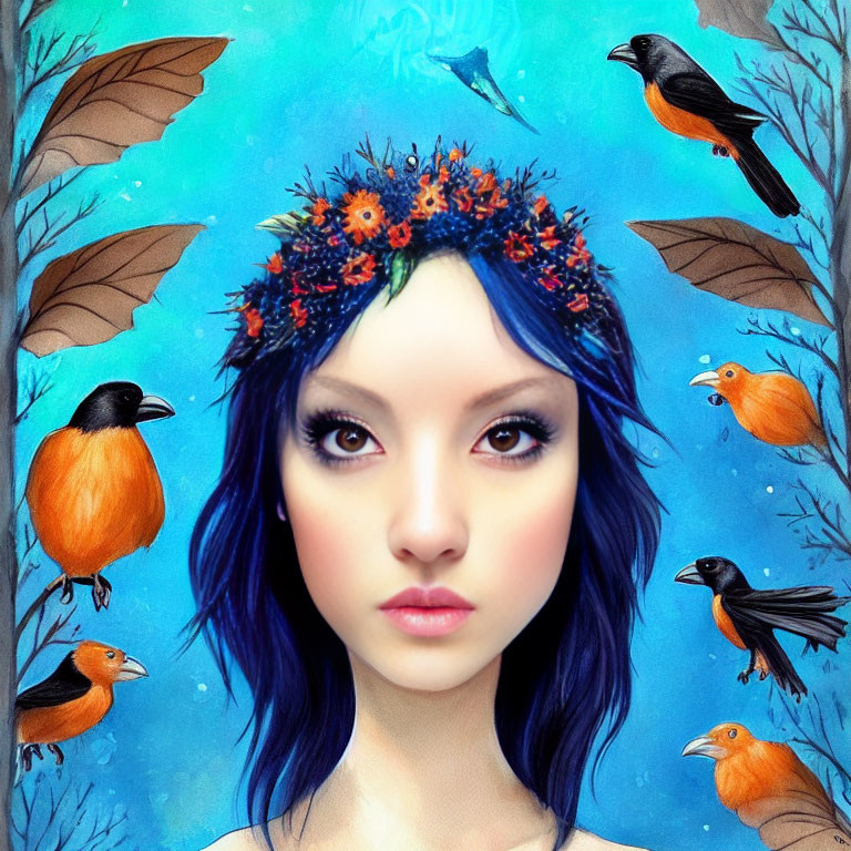 Woman with Blue Hair and Floral Crown Surrounded by Birds on Blue Background