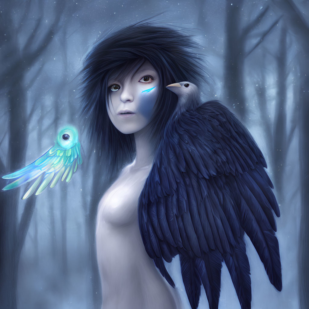 Dark-winged mystical being with blue eyes in wintry forest with birds.