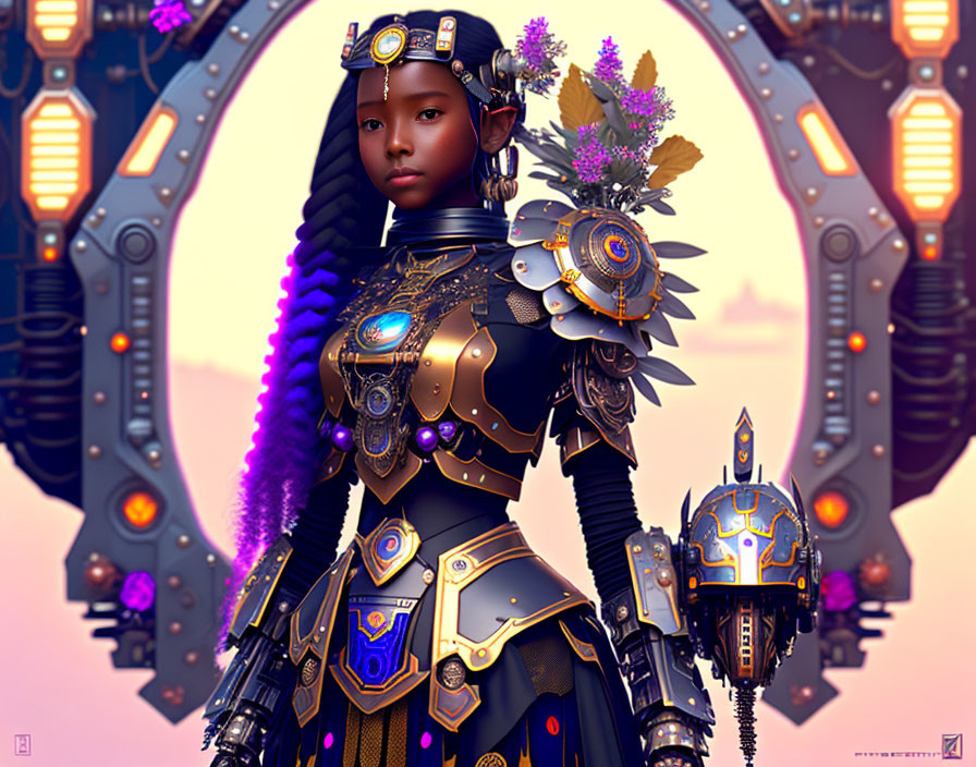 Young girl in futuristic armor with purple accents on sci-fi backdrop