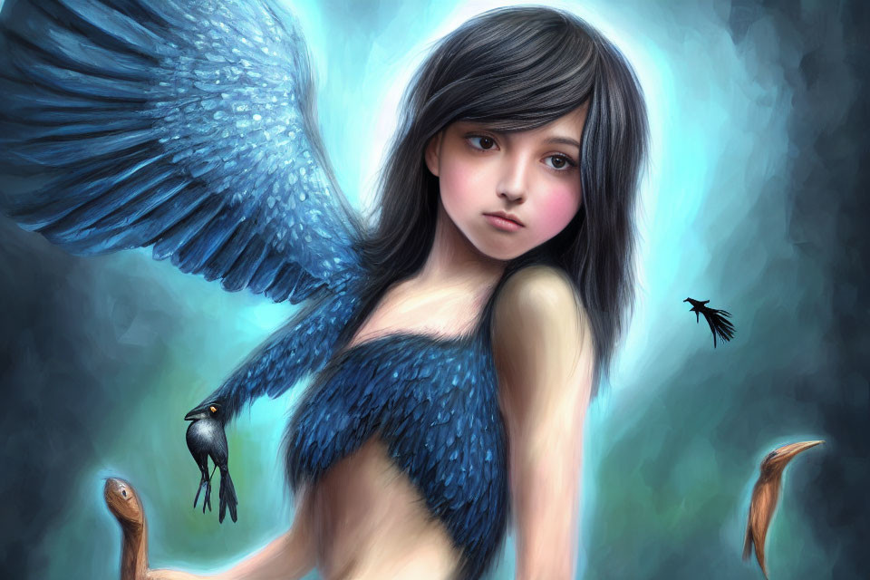 Digital artwork featuring girl with large feathered wing, birds, and wooden figure