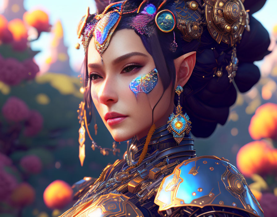 Detailed digital artwork: Woman in ornate armor with blossoming tree background