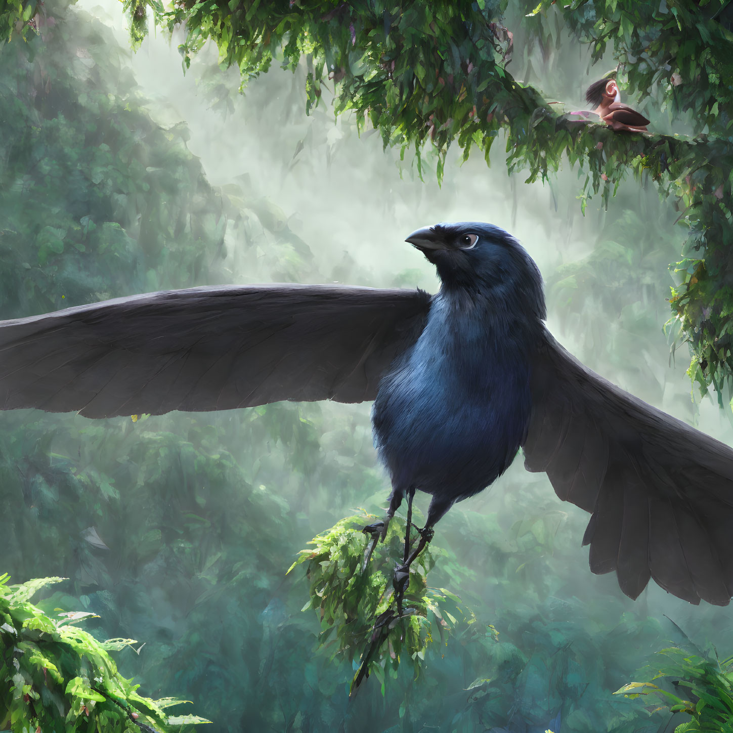 Blue crow perched on branch in misty forest with outstretched wings.