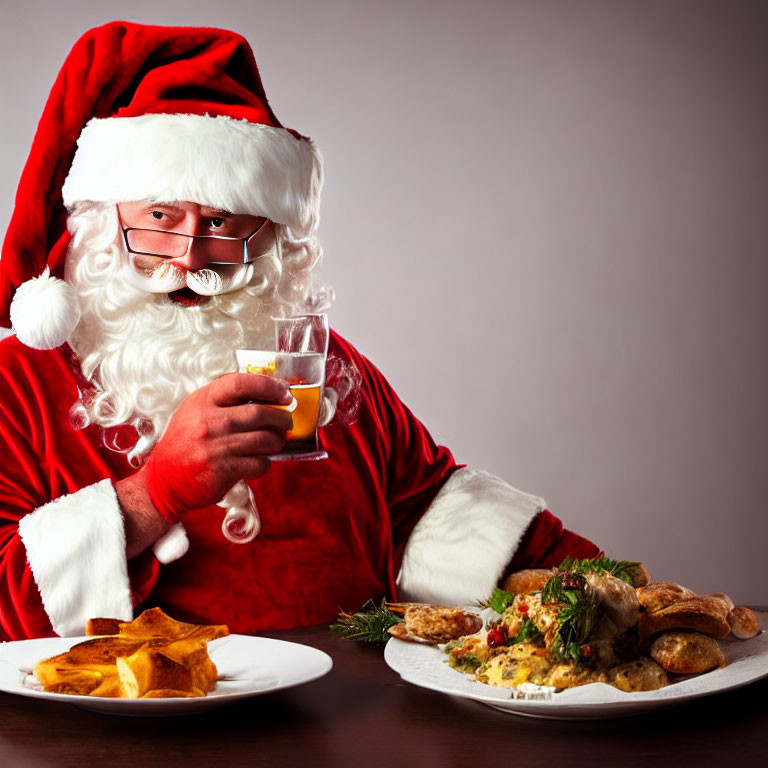 Santa Claus holding a glass at festive table