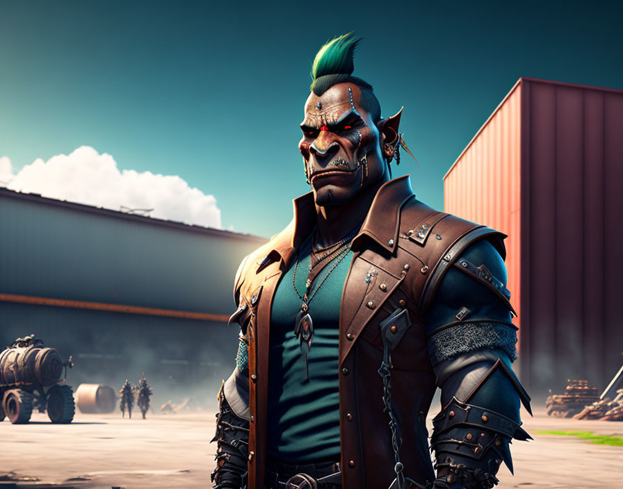 Stylized male figure with mohawk and face paint in leather jacket and industrial setting.