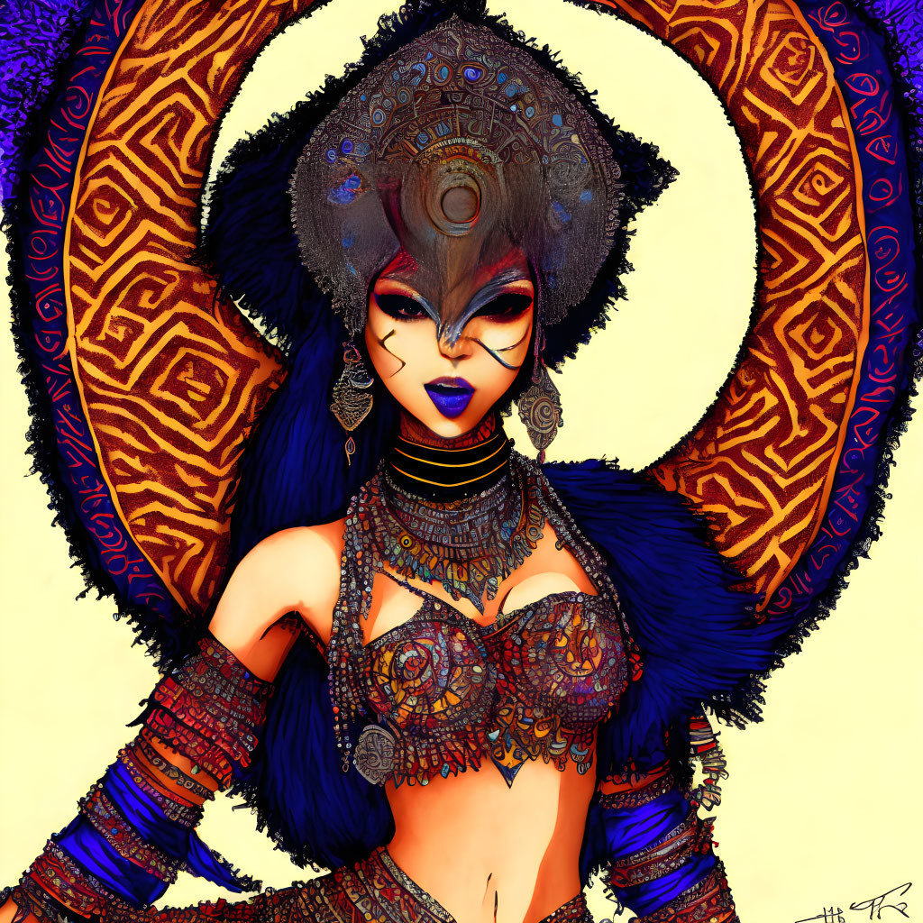 Blue-skinned woman with ethnic jewelry and headgear on circular backdrop.