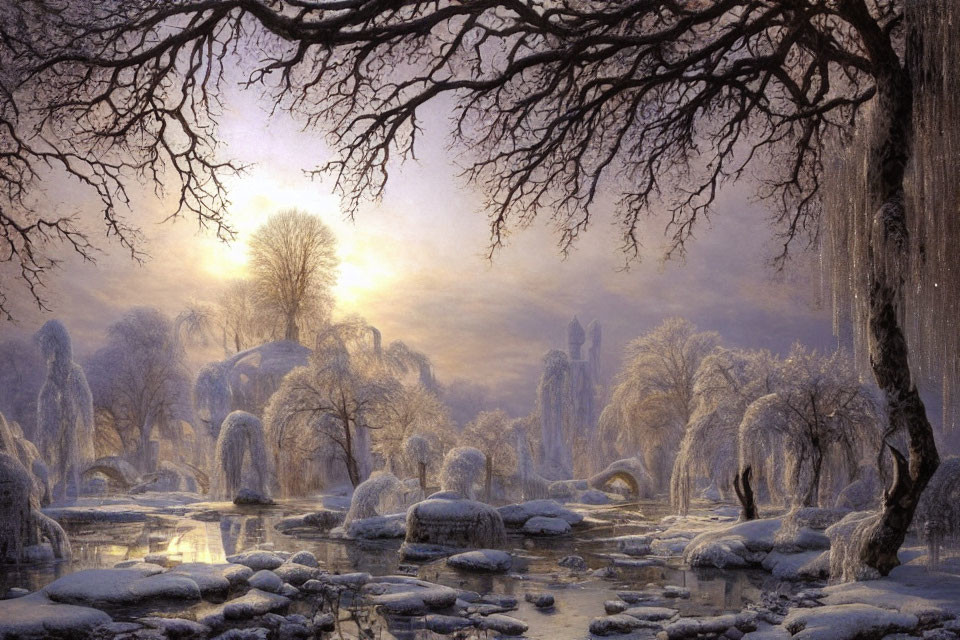 Snow-covered trees and frozen stream in serene winter sunrise