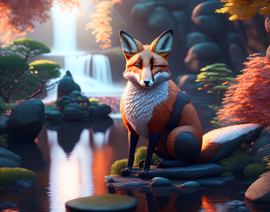 Fox in serene autumn forest with waterfall and orange foliage