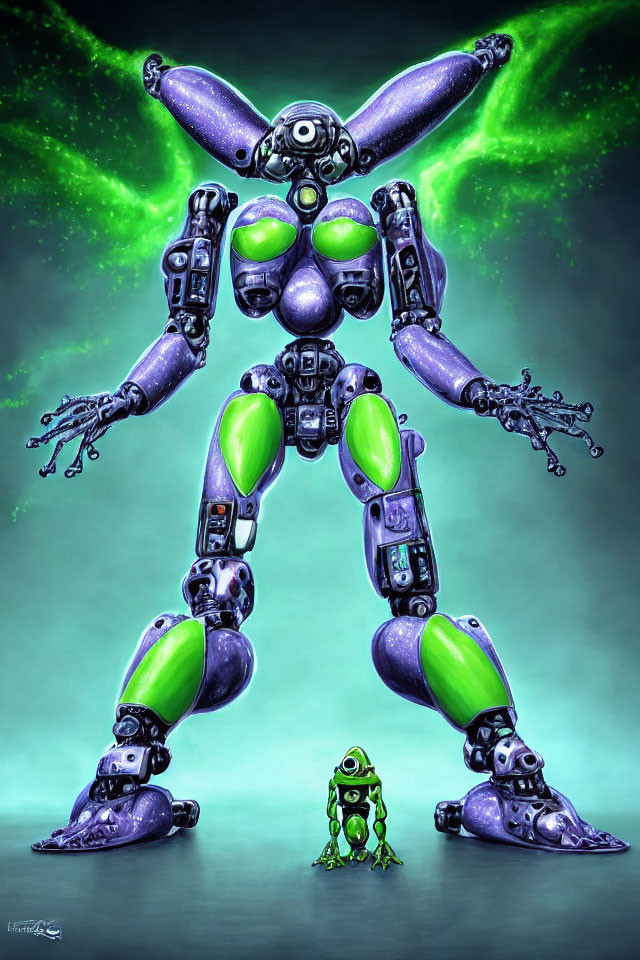 Purple and Green Robot with Green Frog on Aurora Background