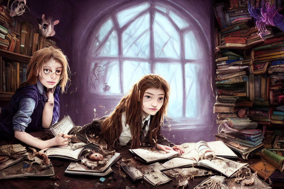 Whimsical library scene with two girls, towering book stacks, purple glow, and magical creatures