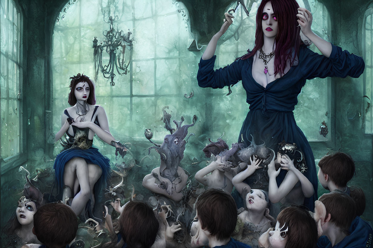 Gothic underwater scene with two women and eerie creatures