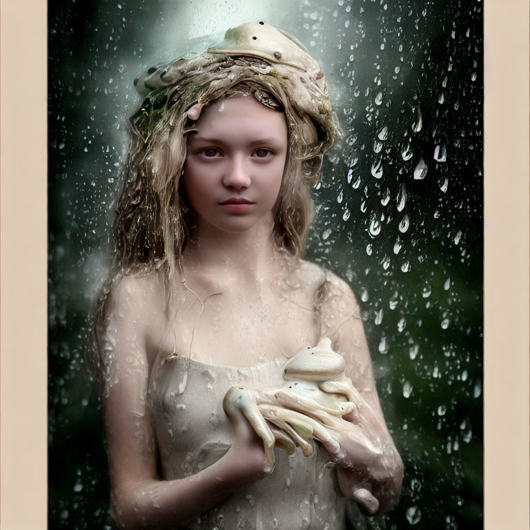 Serene young girl wears frog hat, holds frog behind raindrop-covered glass