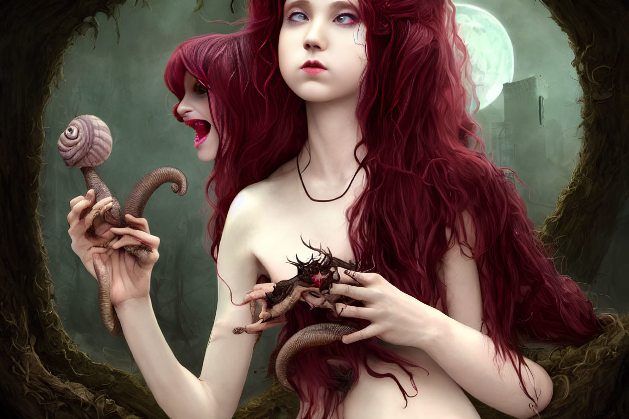 Fantastical image: Woman with red hair holding snail and creature in mystical forest.