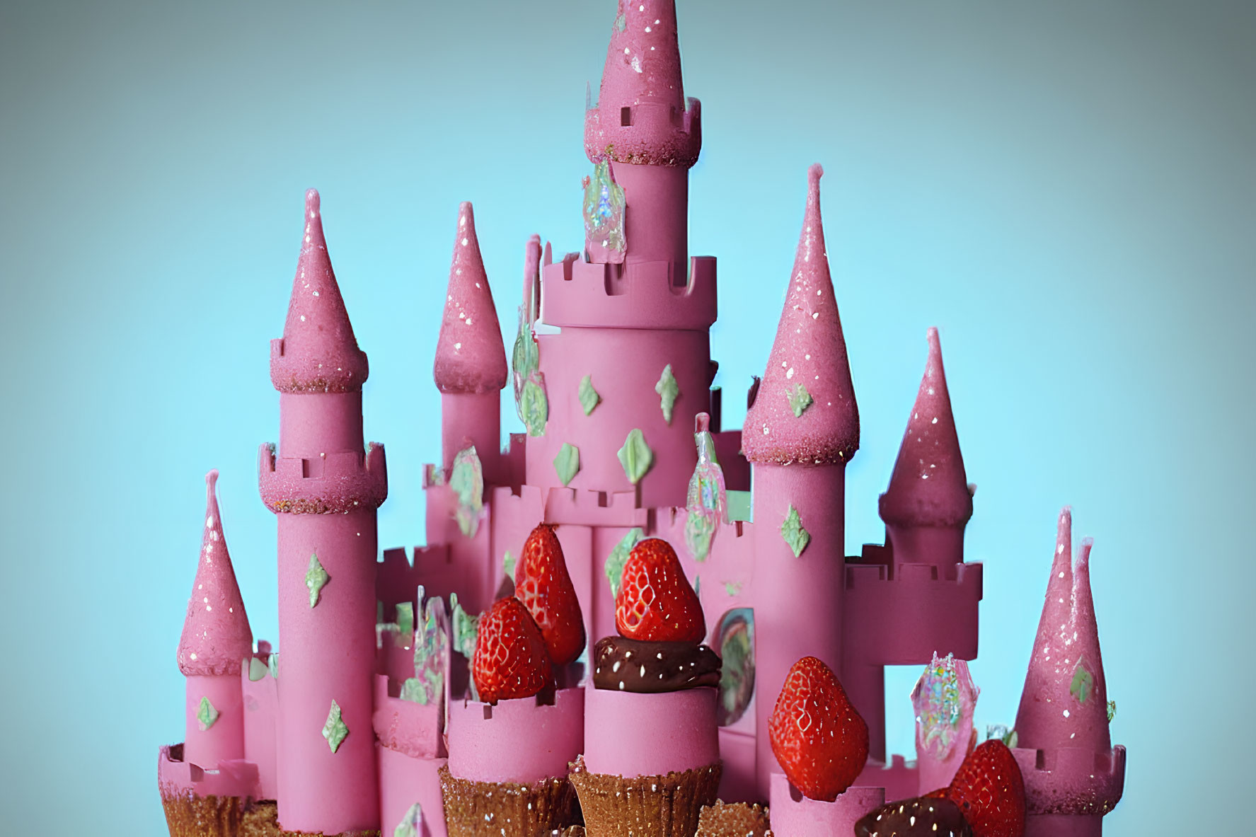 Pink Castle Cake with Tower Details and Fruit Decor on Blue Background