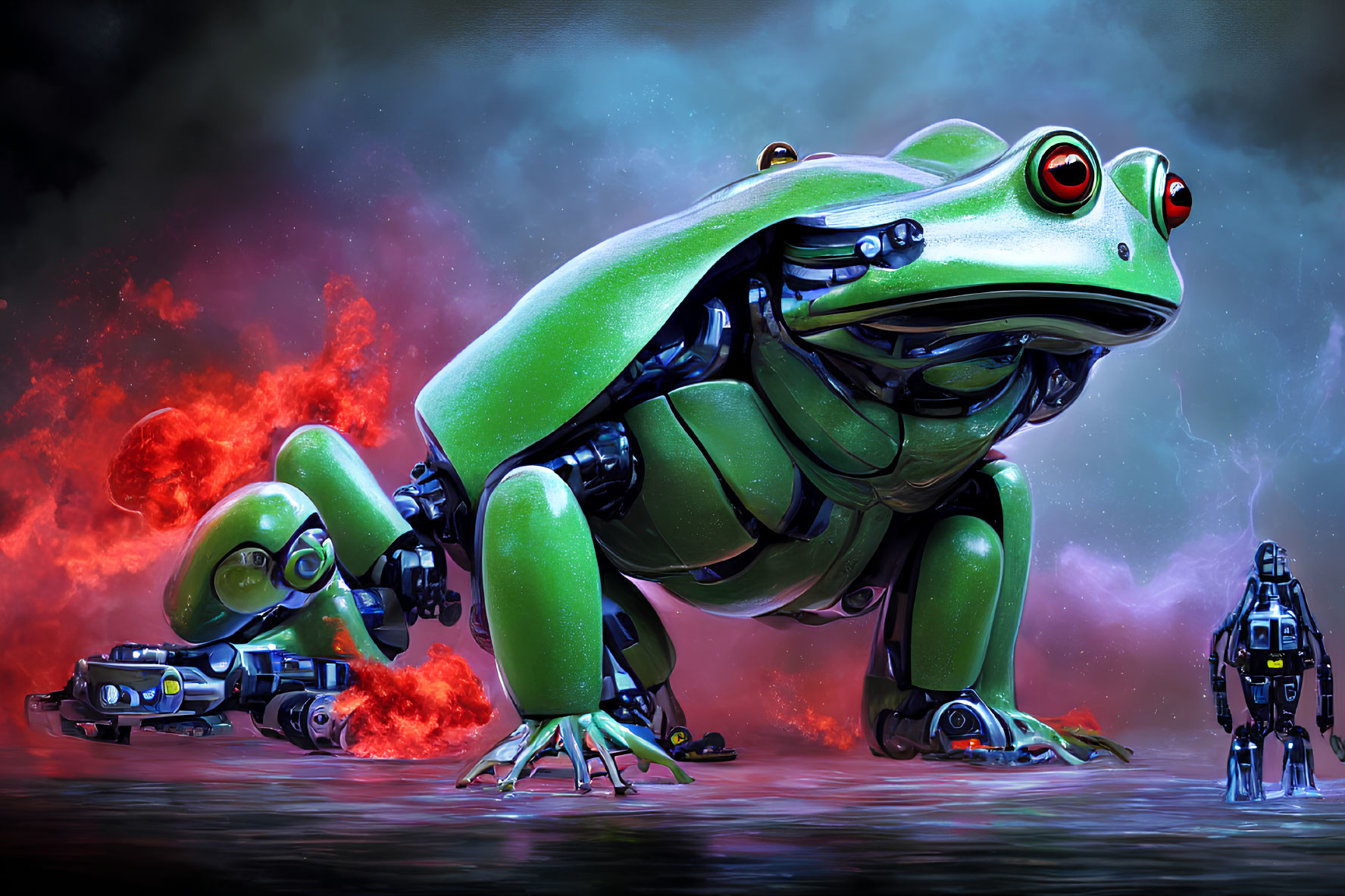 Futuristic robotic frog with mechanical limbs, small droid, and hovercar against vibrant red neb