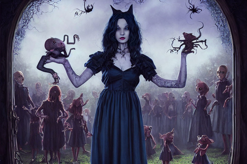 Gothic scene featuring pale woman in black dress with red eyes, odd creatures, and eerie forest