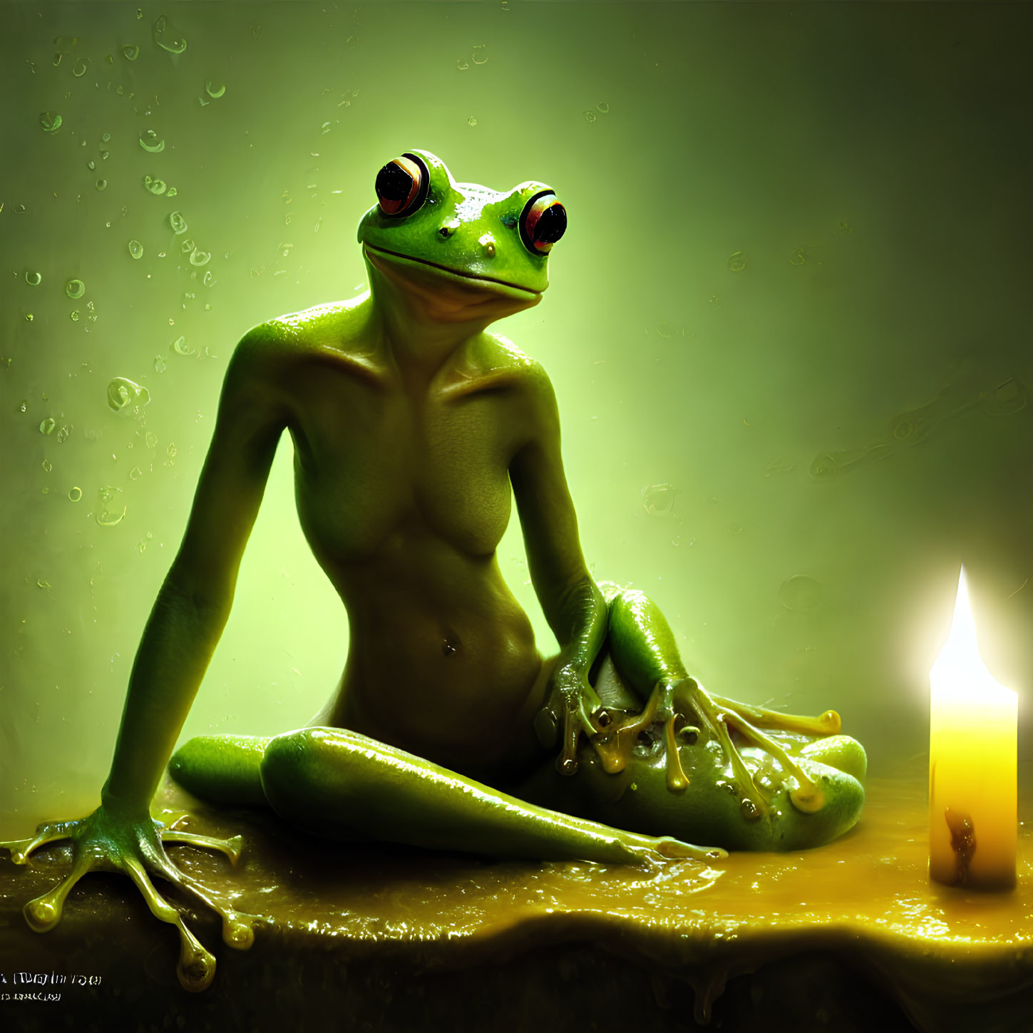 Surreal frog with human-like body by candle in raindrops setting