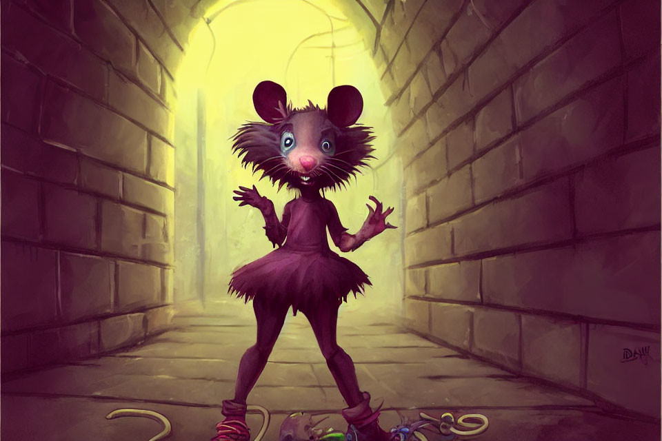 Anthropomorphic mouse in tutu and sneakers in dimly lit corridor