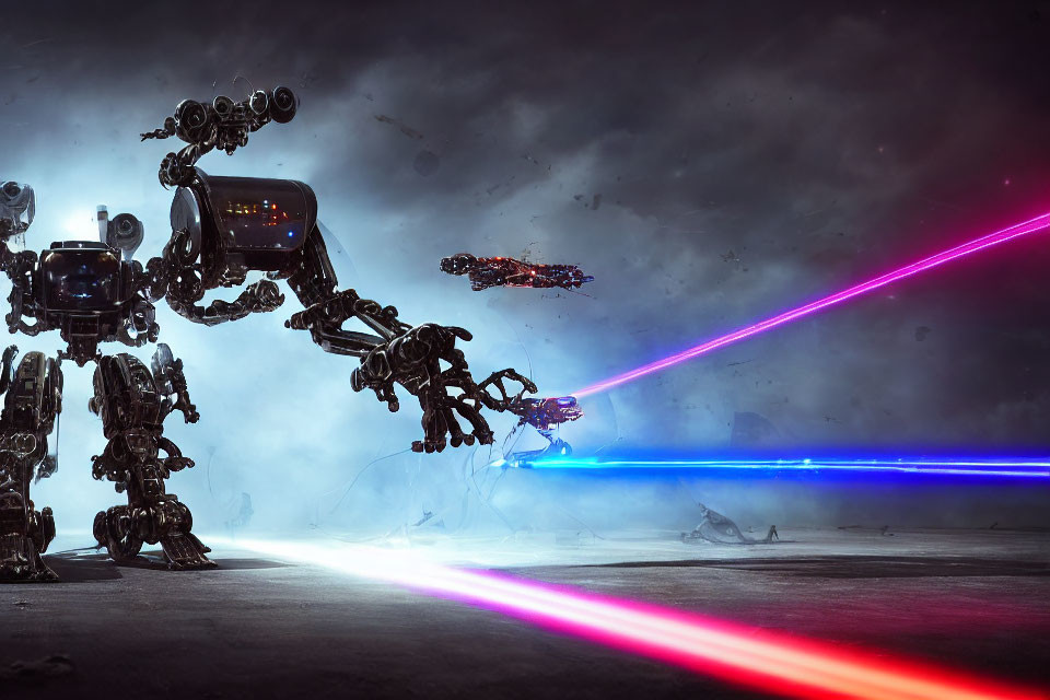 Futuristic sci-fi battle with giant robots and laser beams