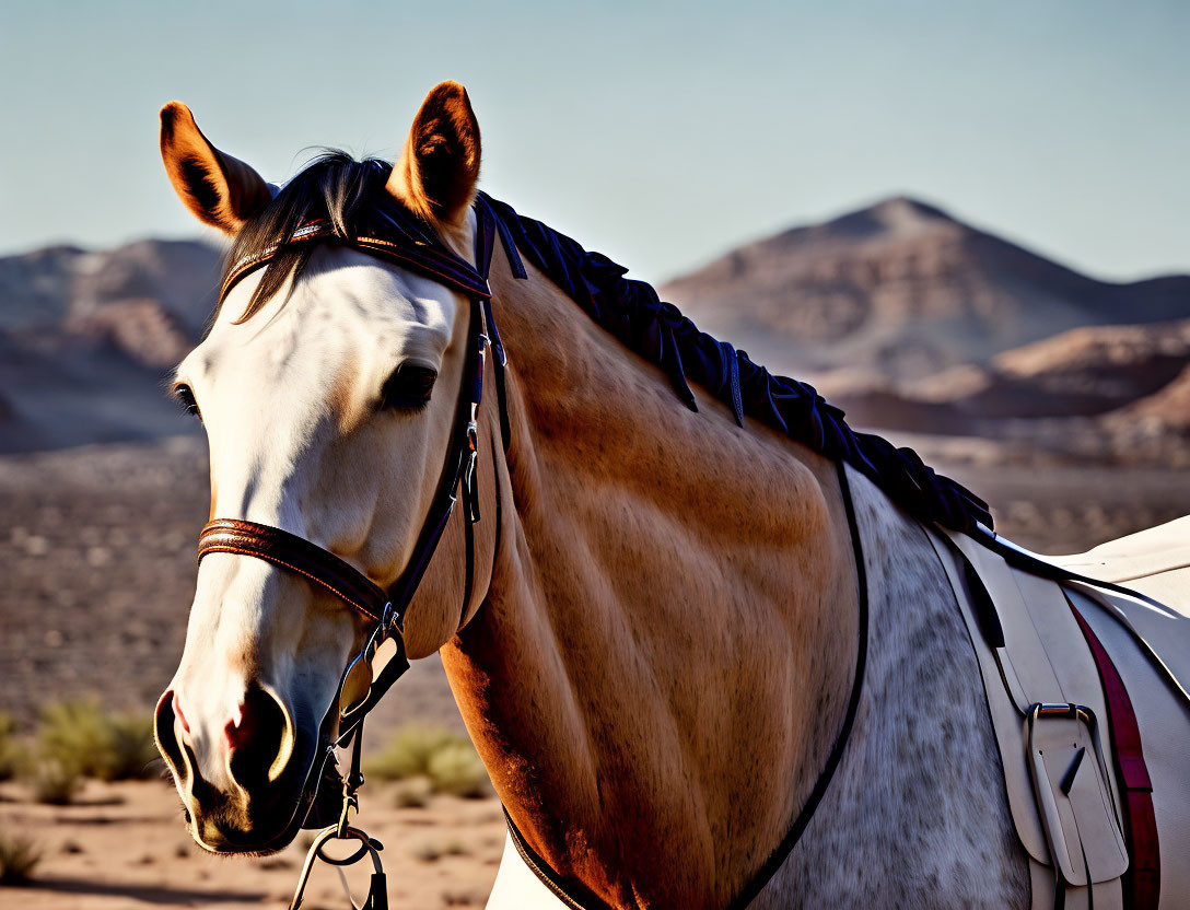 Saddled horse with braided mane in desert landscape.