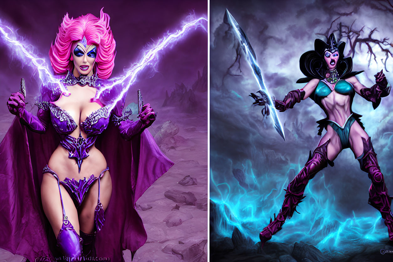 Stylized animated female characters in fantasy costumes with purple lightning and glowing sword.